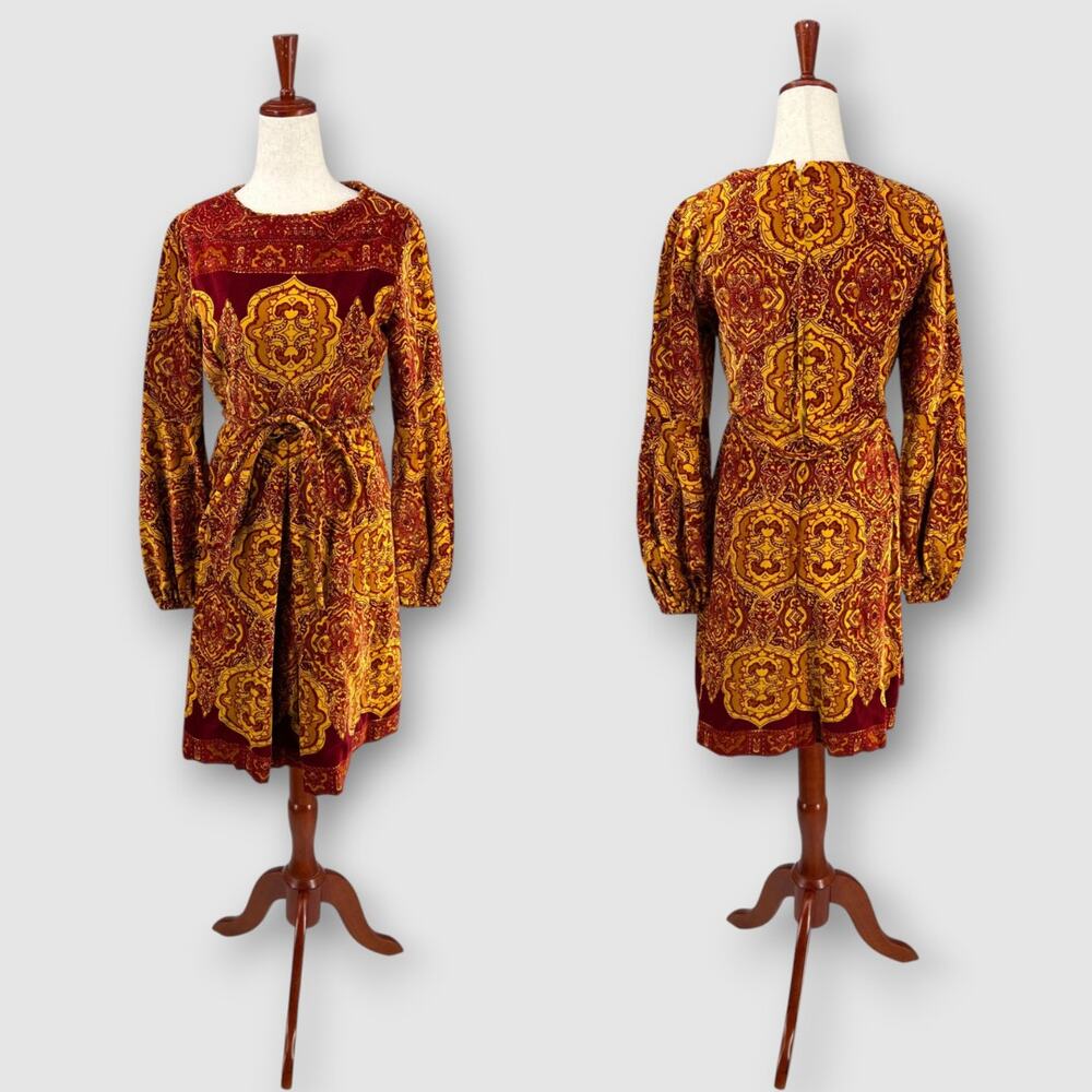 Vintage 60s 70s Medallion Print Mod Gold Burgundy Belted Boho Mini Dress